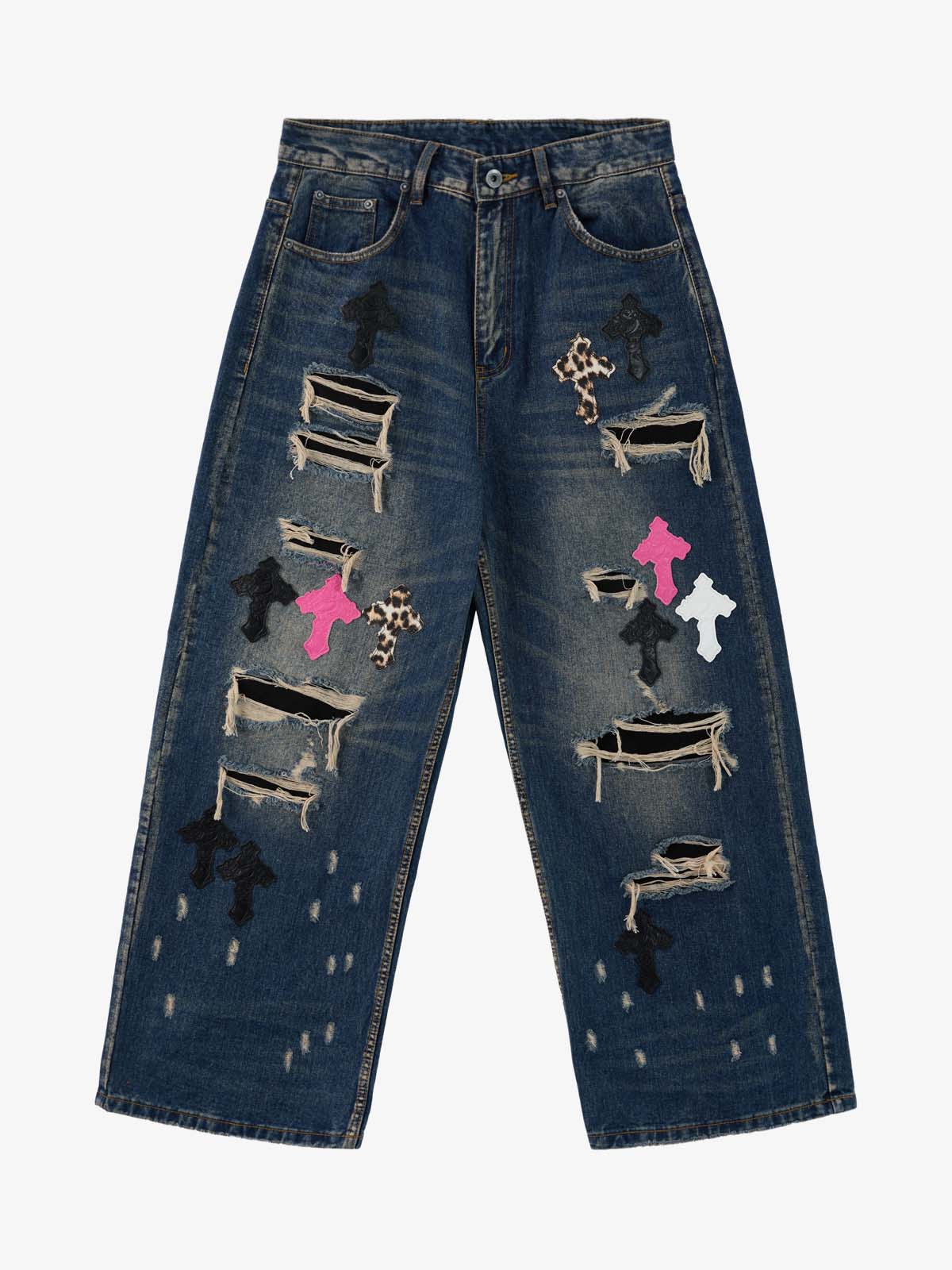 Distressed Cross Patchwork Washed Baggy Jeans
