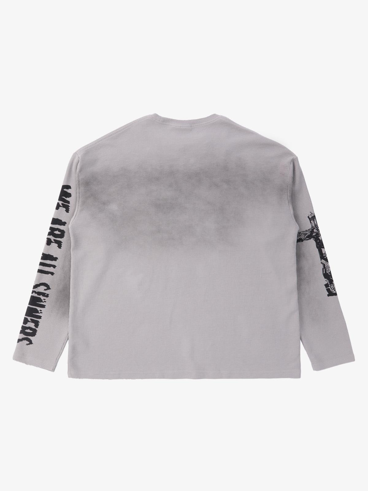 Waffle-Knit Distressed Gradient Print Long T-Shirt