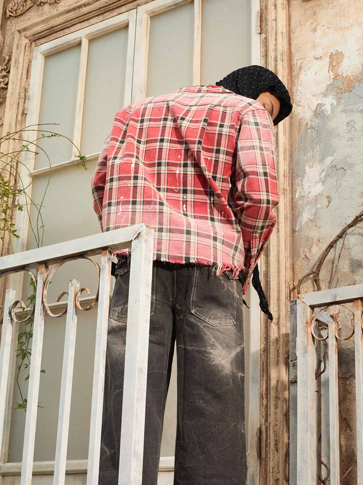 Paint Splatter Plaid Frayed Hem Button Up Shirt