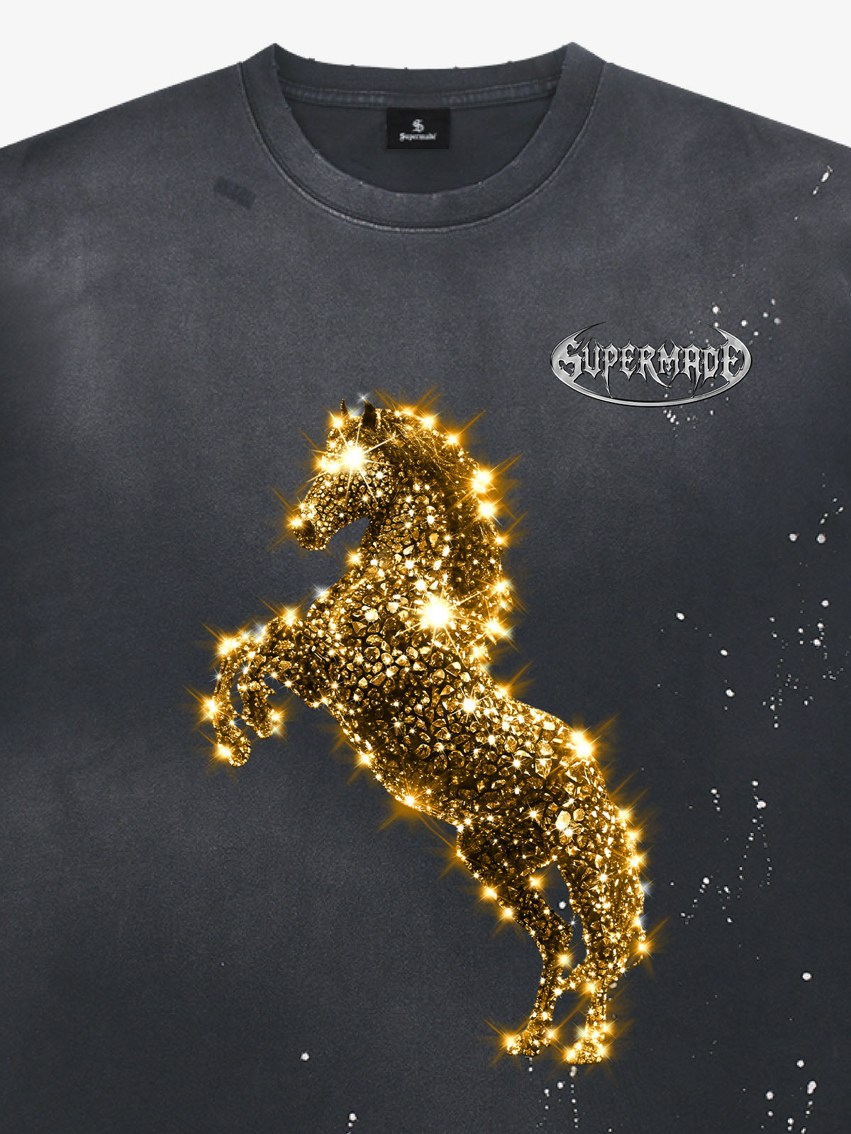 Vintage Wash Glitter Horse Pattern Splash Ink T-Shirt