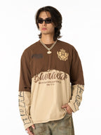 Retro Fake Two-Piece Patchwork College Badge Long Sleeve T-Shirt