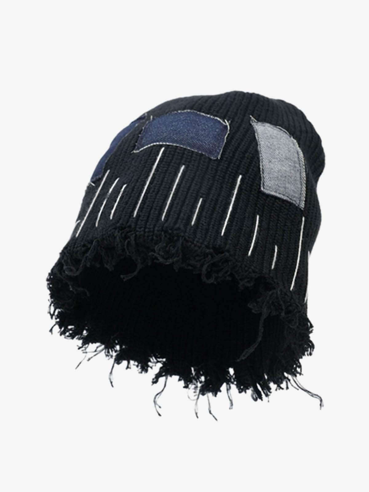 Distressed Denim Patchwork Beanie