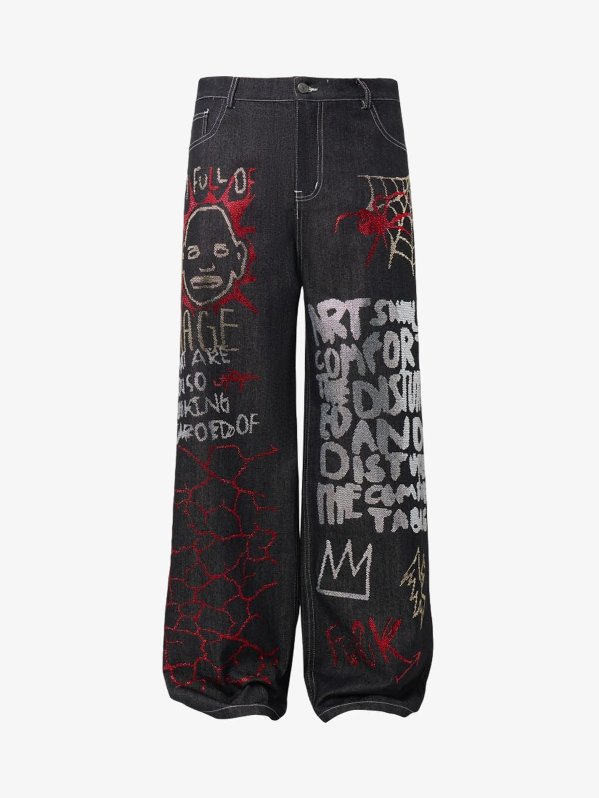 Street Graffiti Rhinestone Print Wide Leg Jeans