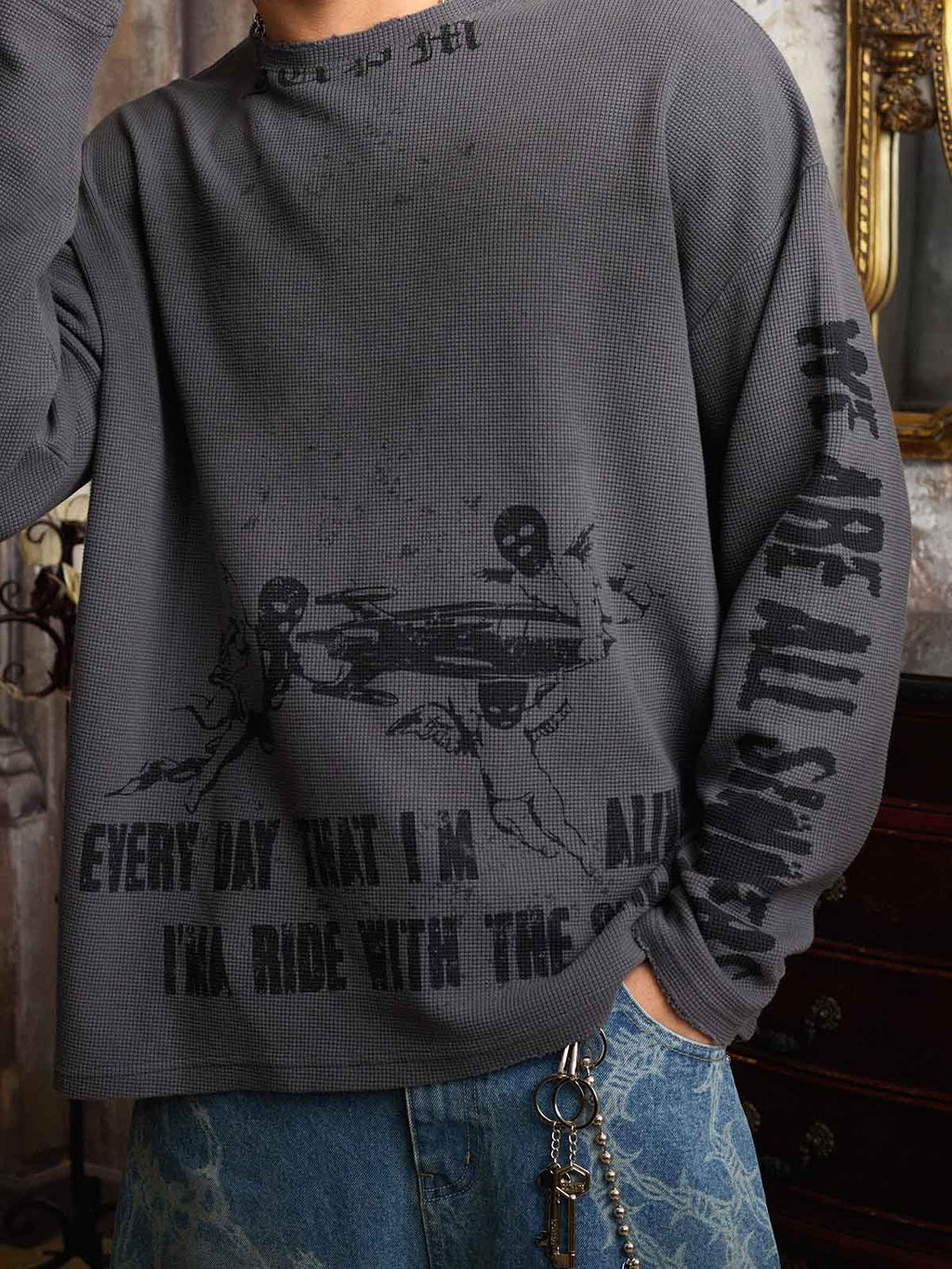 Waffle-Knit Distressed Gradient Print Long T-Shirt
