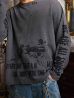 Waffle-Knit Distressed Gradient Print Long T-Shirt