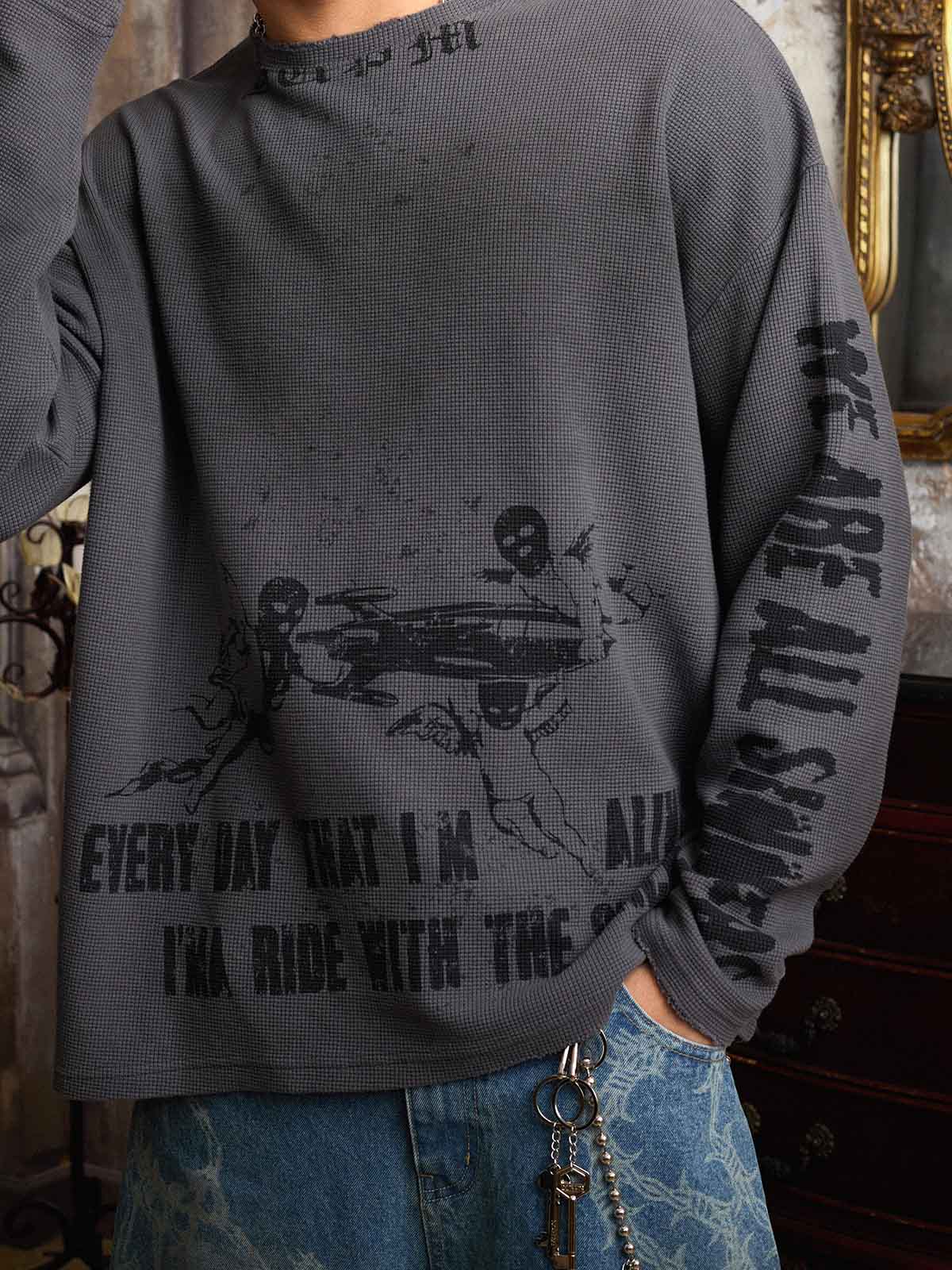 Waffle-Knit Distressed Gradient Print Long T-Shirt