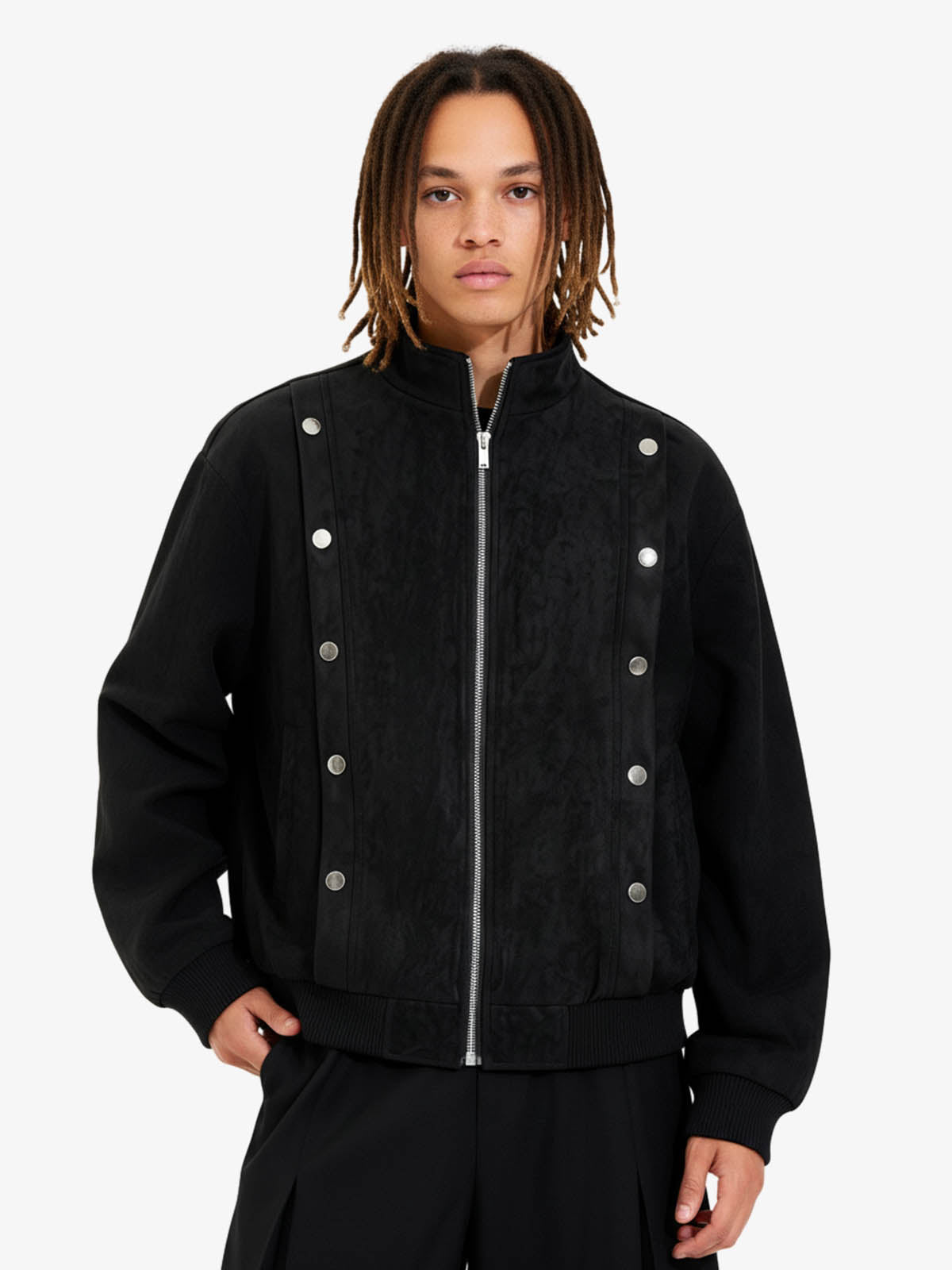 Vintage Stand Collar Metal Button-Structured Bomber Jacket