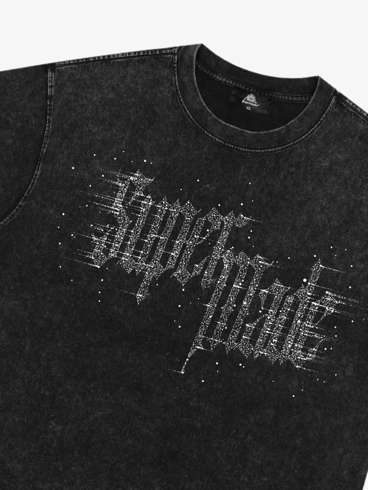 Washed Gothic Letter Imitation Diamond T-Shirt