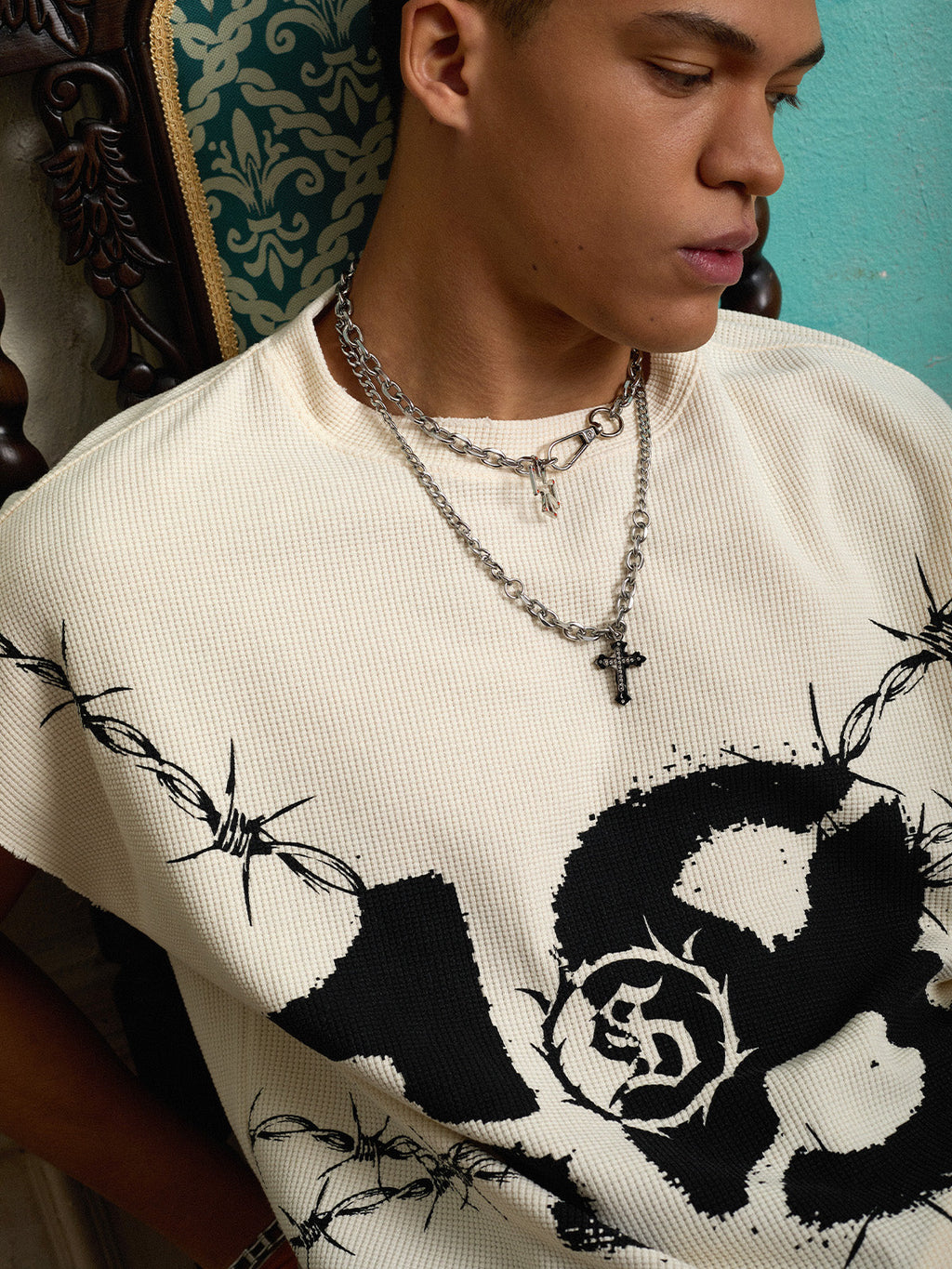 Waffle Thorn Print Sleeveless T-Shirt