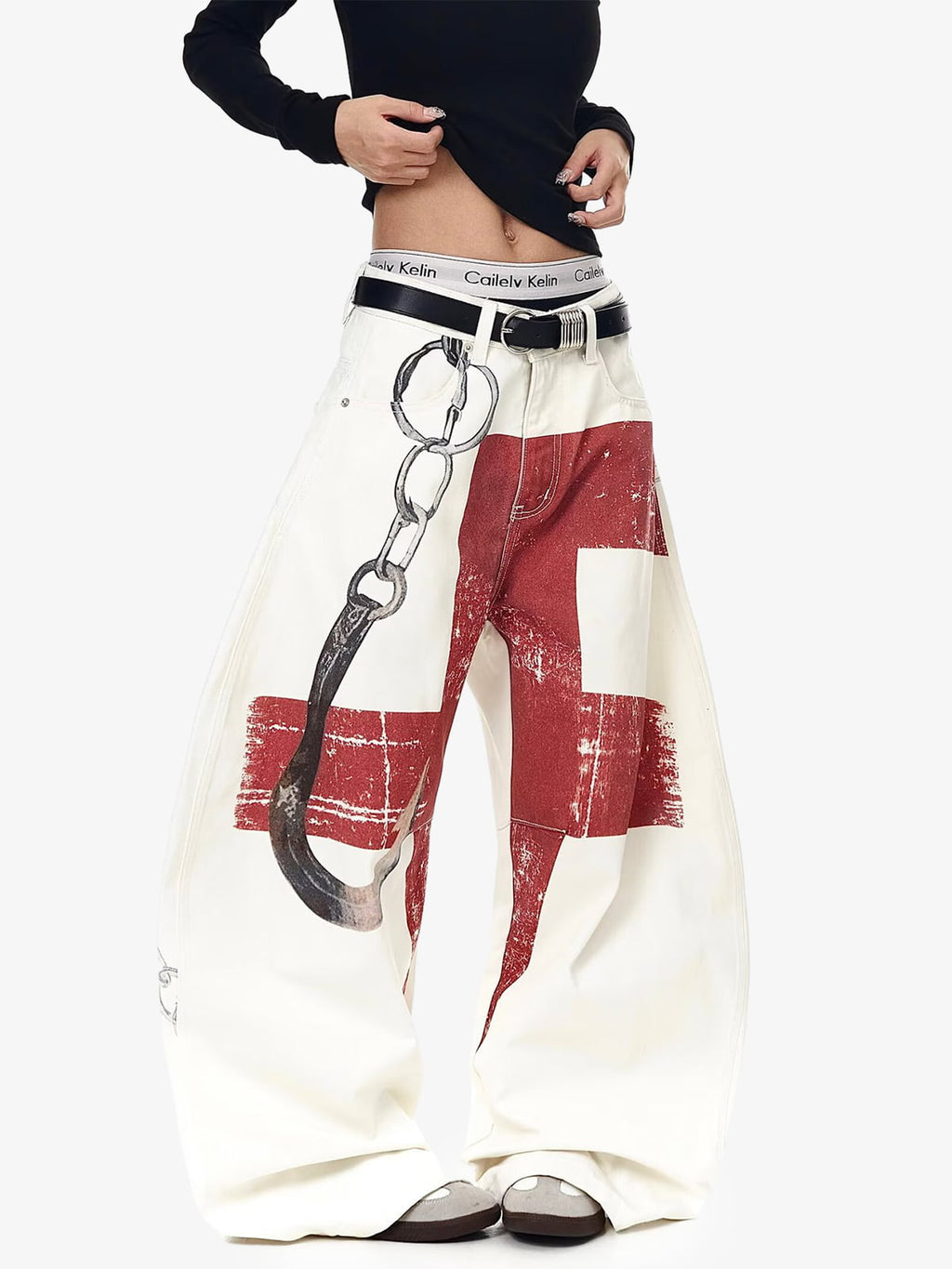 Vintage Distressed Chain Print Oversized Canvas Baggy Pants