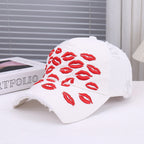 Red Lip Embroidery Distressed Baseball Cap