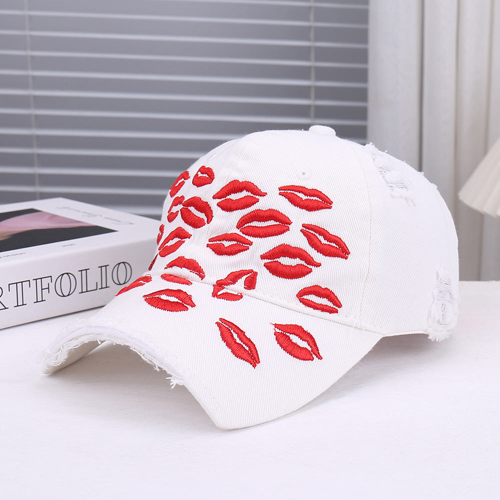 Red Lip Embroidery Distressed Baseball Cap