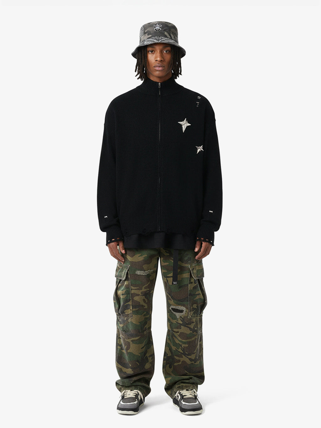 Woven Ripped Camouflage Cargo Baggy Pants - 2410