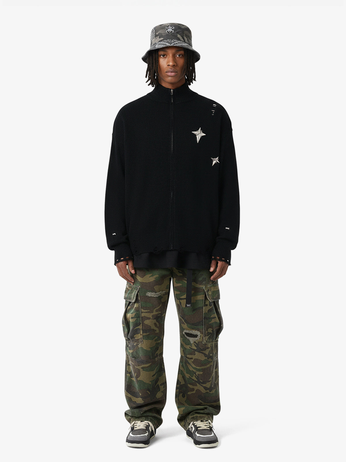 Woven Ripped Camouflage Cargo Baggy Pants - 2410