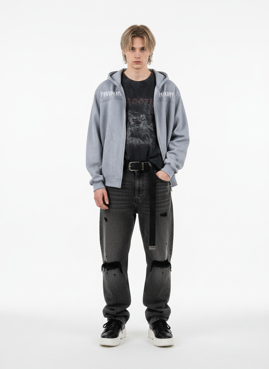 Vintage Suede Letter Embroidered Cropped Zip Up Hoodie