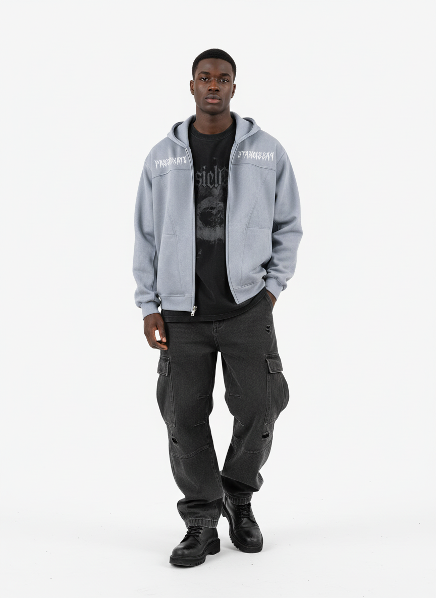 Vintage Suede Letter Embroidered Cropped Zip Up Hoodie