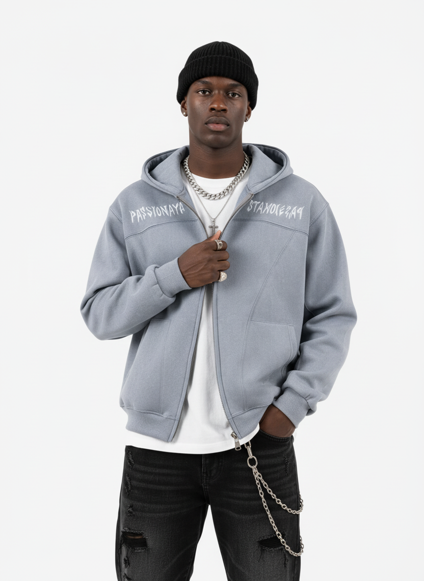 Vintage Suede Letter Embroidered Cropped Zip Up Hoodie