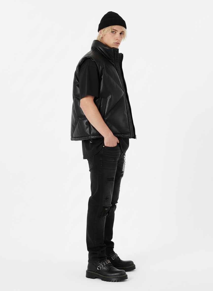 Minimalist Faux Leather Stand Collar Puffer Vest
