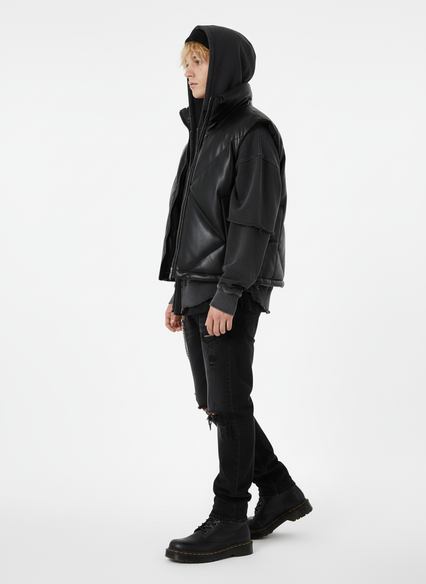 Minimalist Faux Leather Stand Collar Puffer Vest