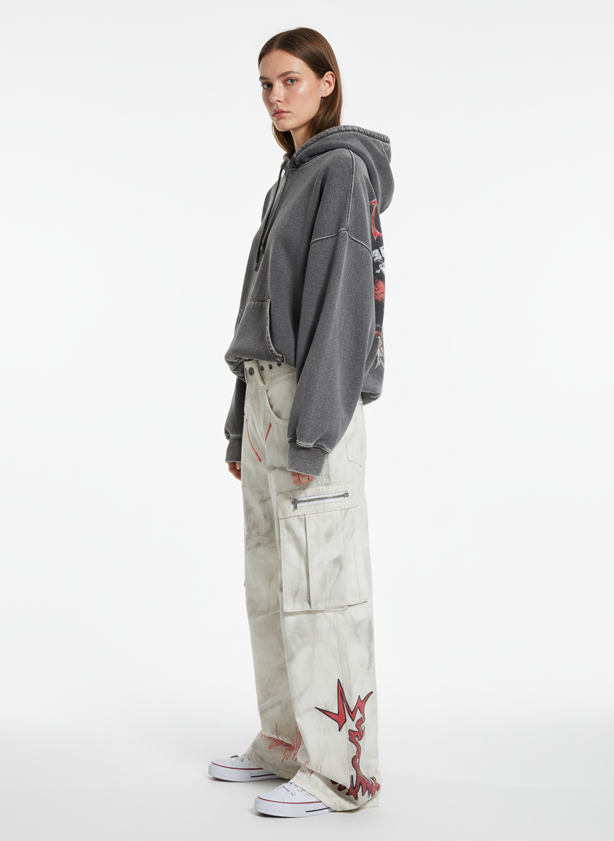 Vintage Dirty-Dyed Washed Wide-Leg Cargo Pants - 2559