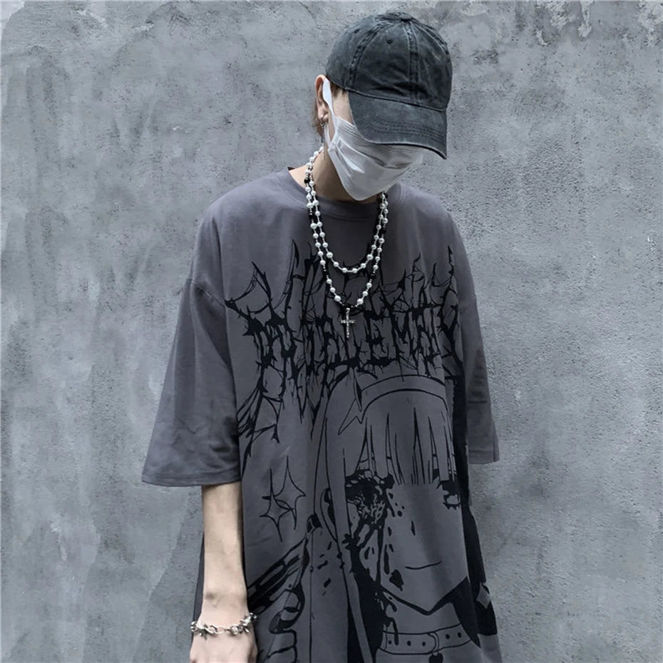 Goth Black Anime Oversized T-Shirt — fit shot