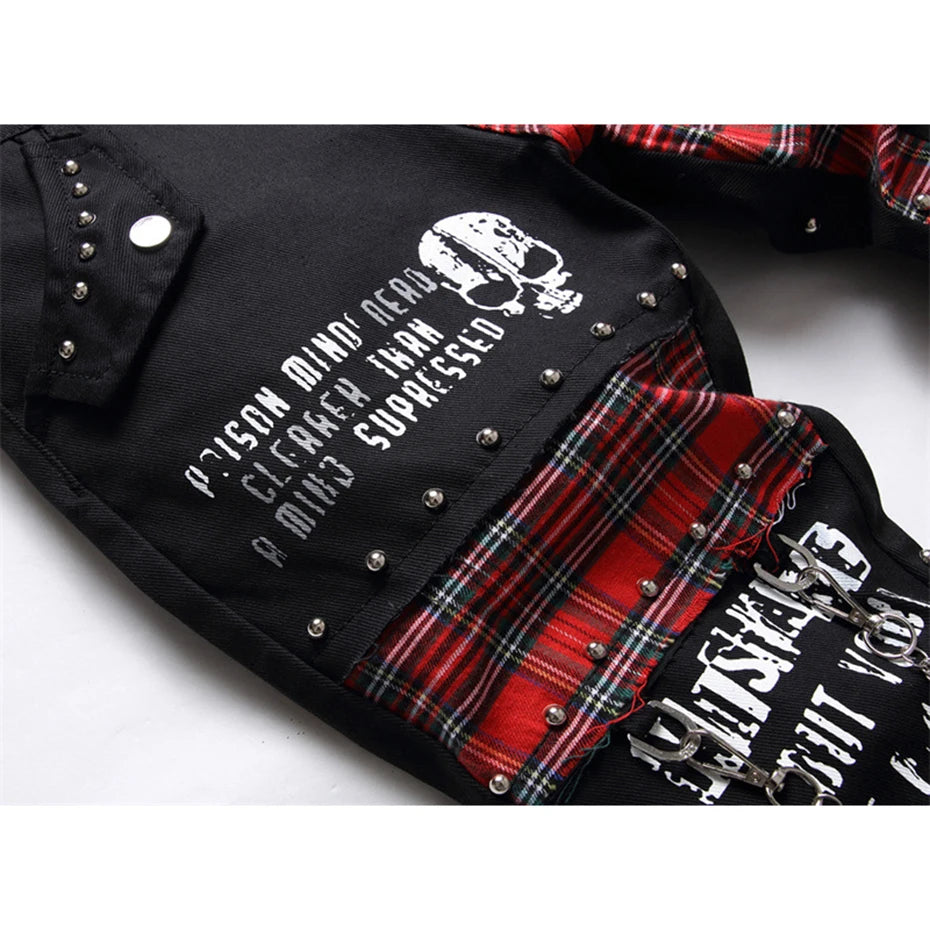 Punk Black Skull Plaid Patchwork Denim Slim Jeans — fit shot
