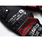 Punk Black Skull Plaid Patchwork Denim Slim Jeans — fit shot