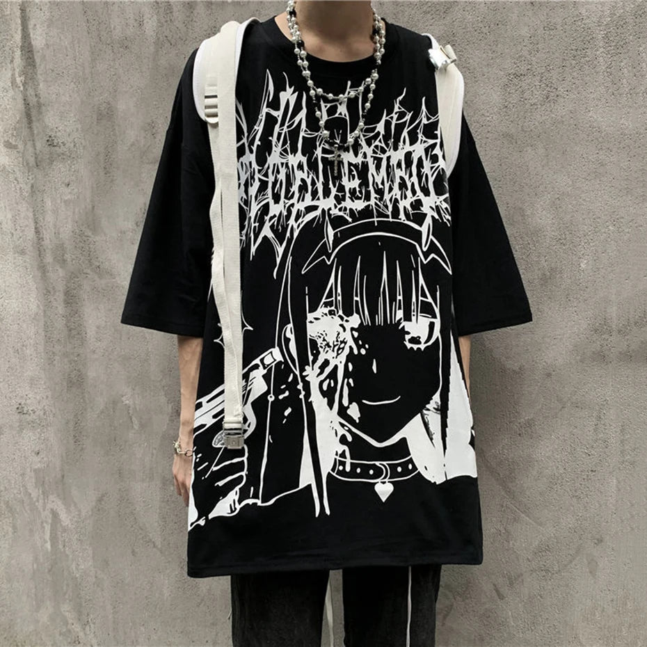 Goth Black Anime Oversized T-Shirt — side view
