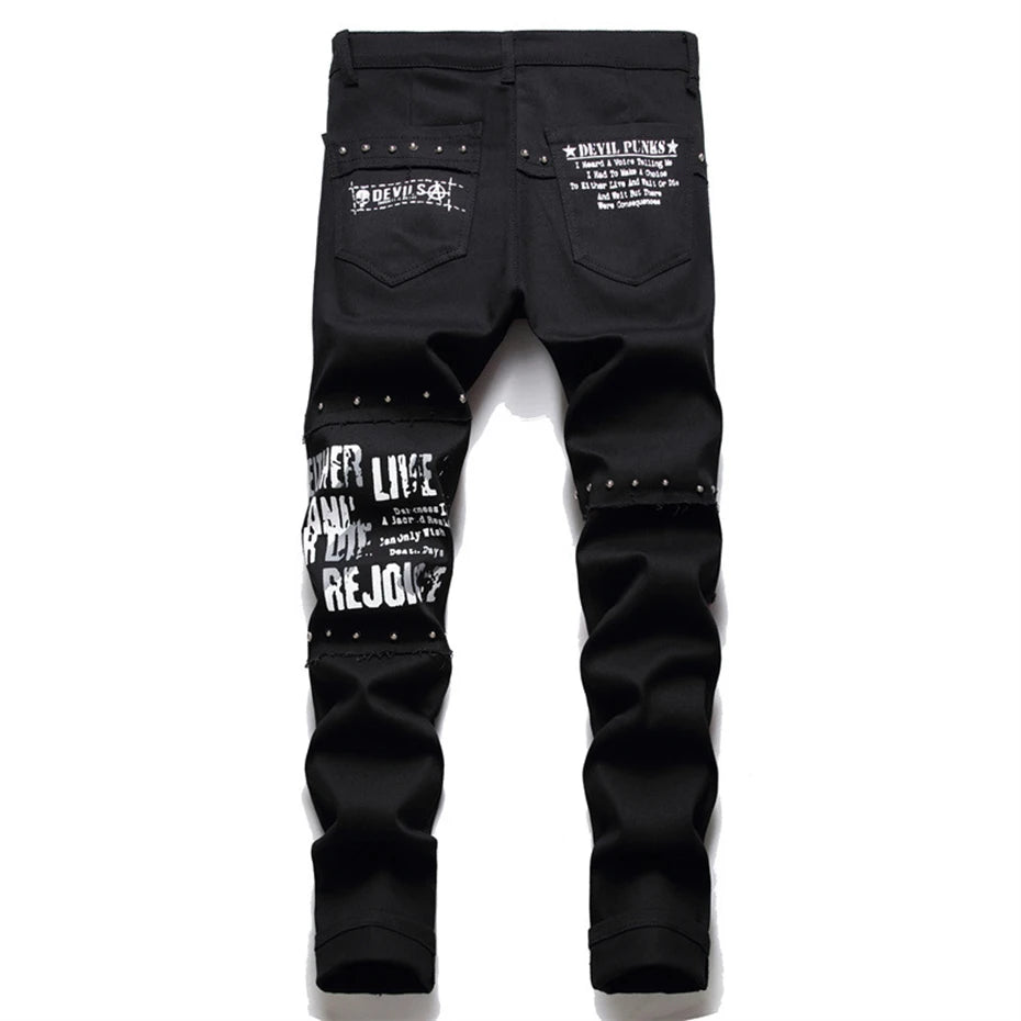 Punk Black Skull Plaid Patchwork Denim Slim Jeans — back view