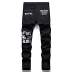 Punk Black Skull Plaid Patchwork Denim Slim Jeans — back view