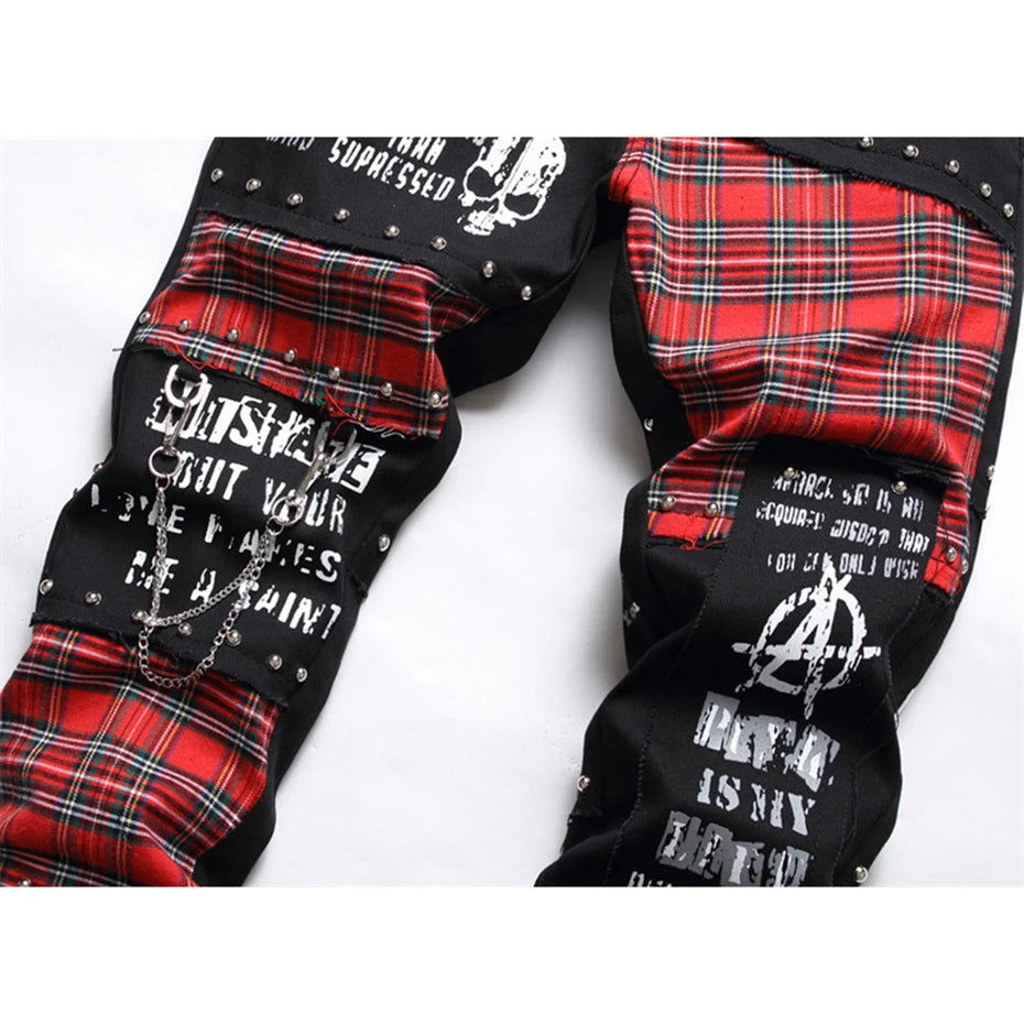 Punk Black Skull Plaid Patchwork Denim Slim Jeans — detail shot