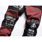 Punk Black Skull Plaid Patchwork Denim Slim Jeans — detail shot