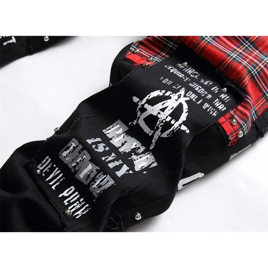 Punk Black Skull Plaid Patchwork Denim Slim Jeans — fabric close-up