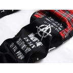 Punk Black Skull Plaid Patchwork Denim Slim Jeans — fabric close-up