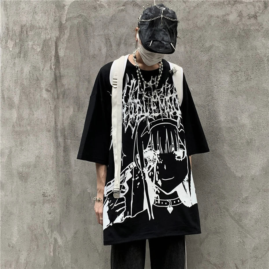 Goth Black Anime Oversized T-Shirt — detail shot