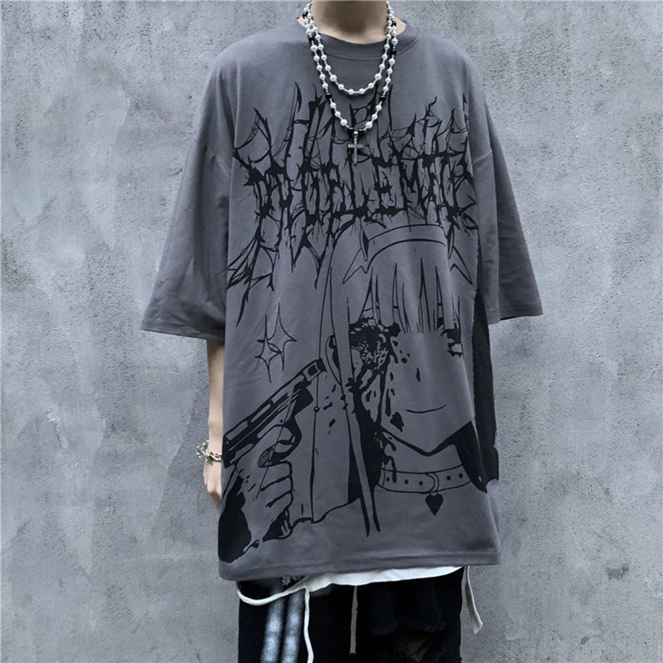 Goth Black Anime Oversized T-Shirt — styling shot