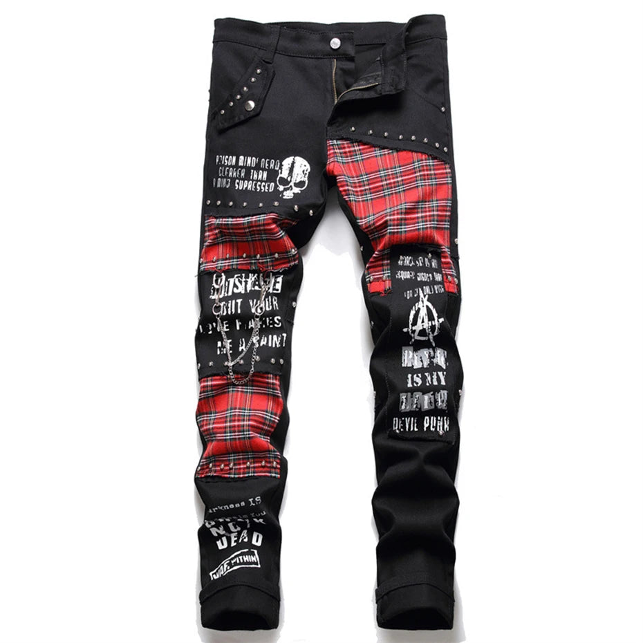 Punk Black Skull Plaid Patchwork Denim Slim Jeans — side view