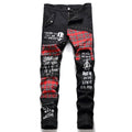 Punk Black Skull Plaid Patchwork Denim Slim Jeans — side view