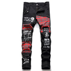 Punk Black Skull Plaid Patchwork Denim Slim Jeans — side view