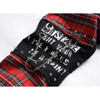 Punk Black Skull Plaid Patchwork Denim Slim Jeans — styling shot