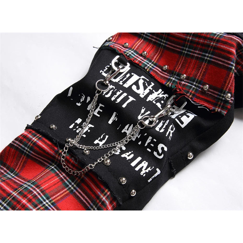 Punk Black Skull Plaid Patchwork Denim Slim Jeans — styling shot