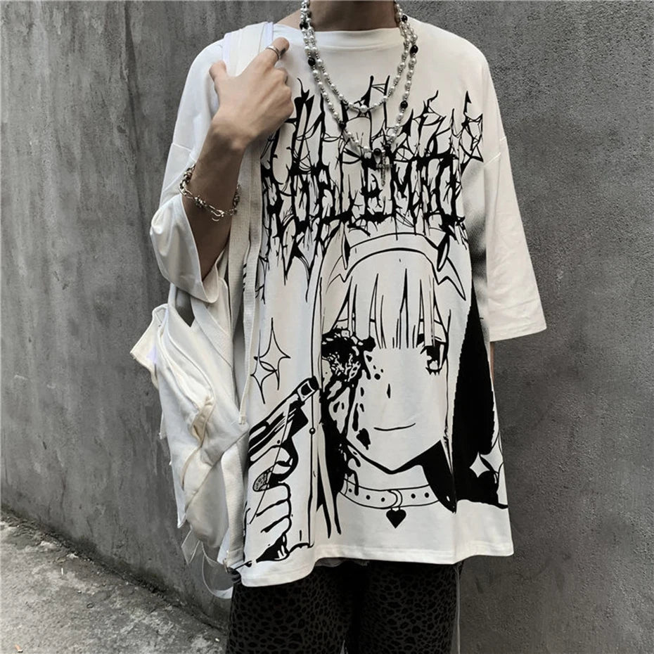 Goth Black Anime Oversized T-Shirt — flat lay