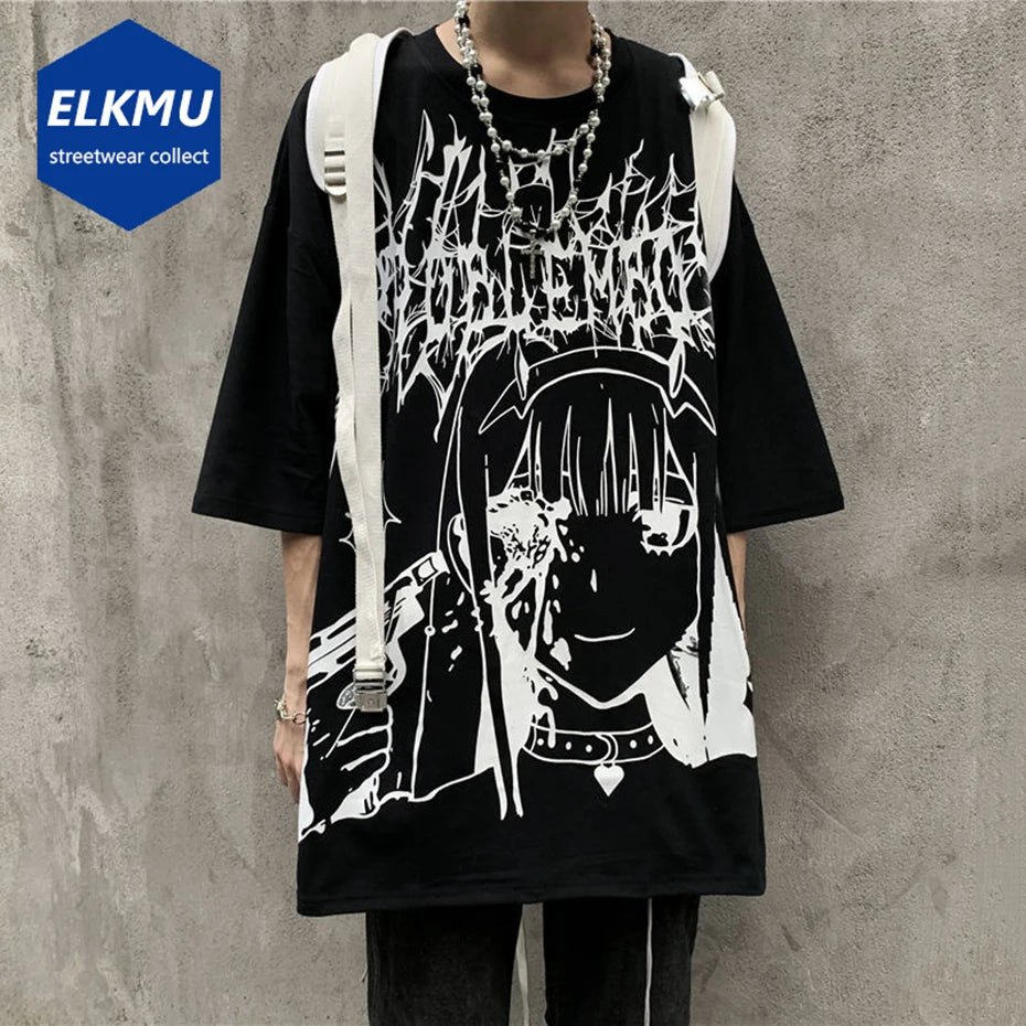 Goth Black Anime Oversized T-Shirt — front view