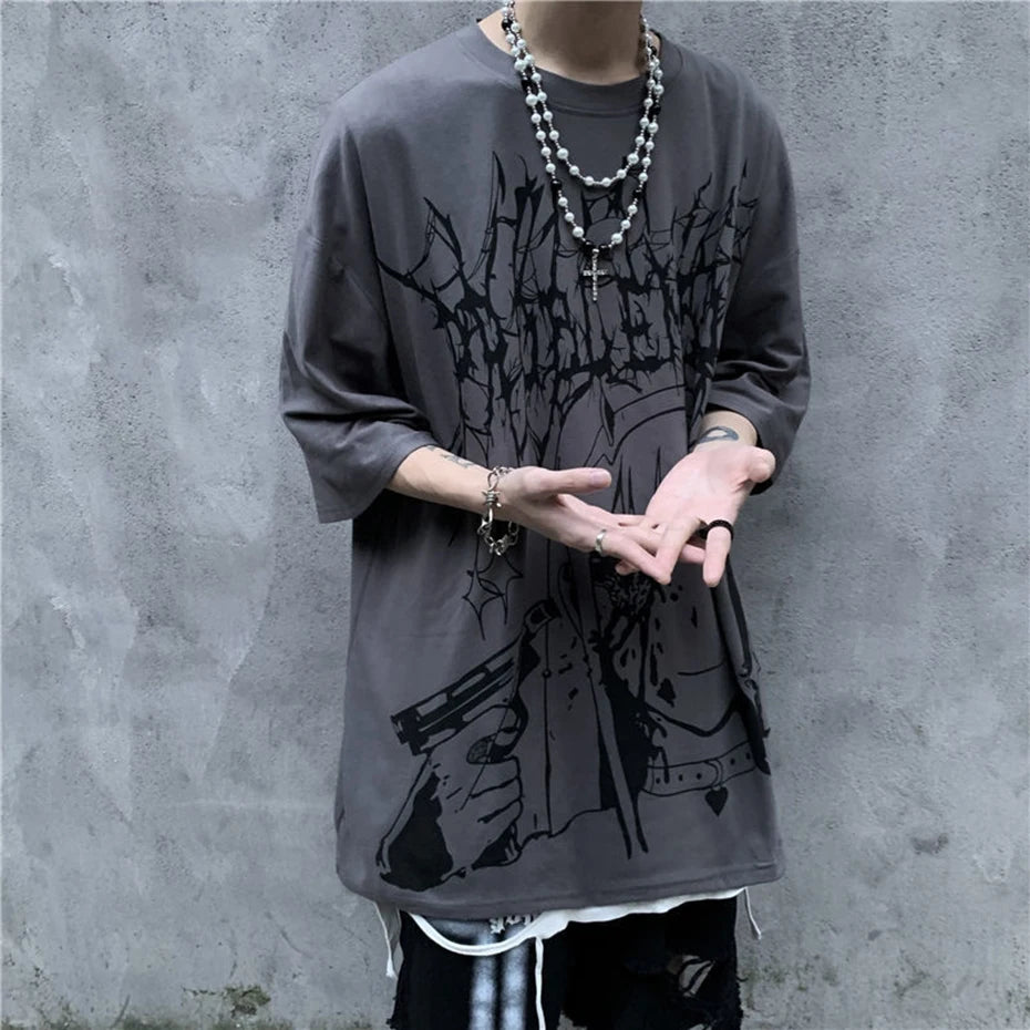 Goth Black Anime Oversized T-Shirt — fabric close-up