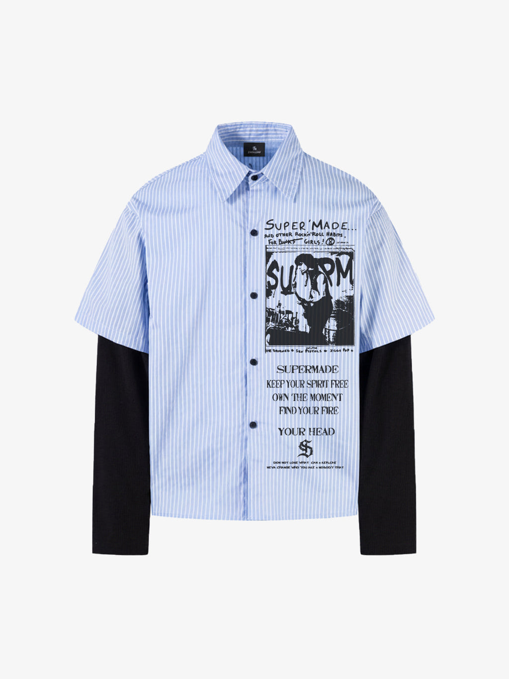 Vintage Illustration Striped Faux Two-Piece Shirt
