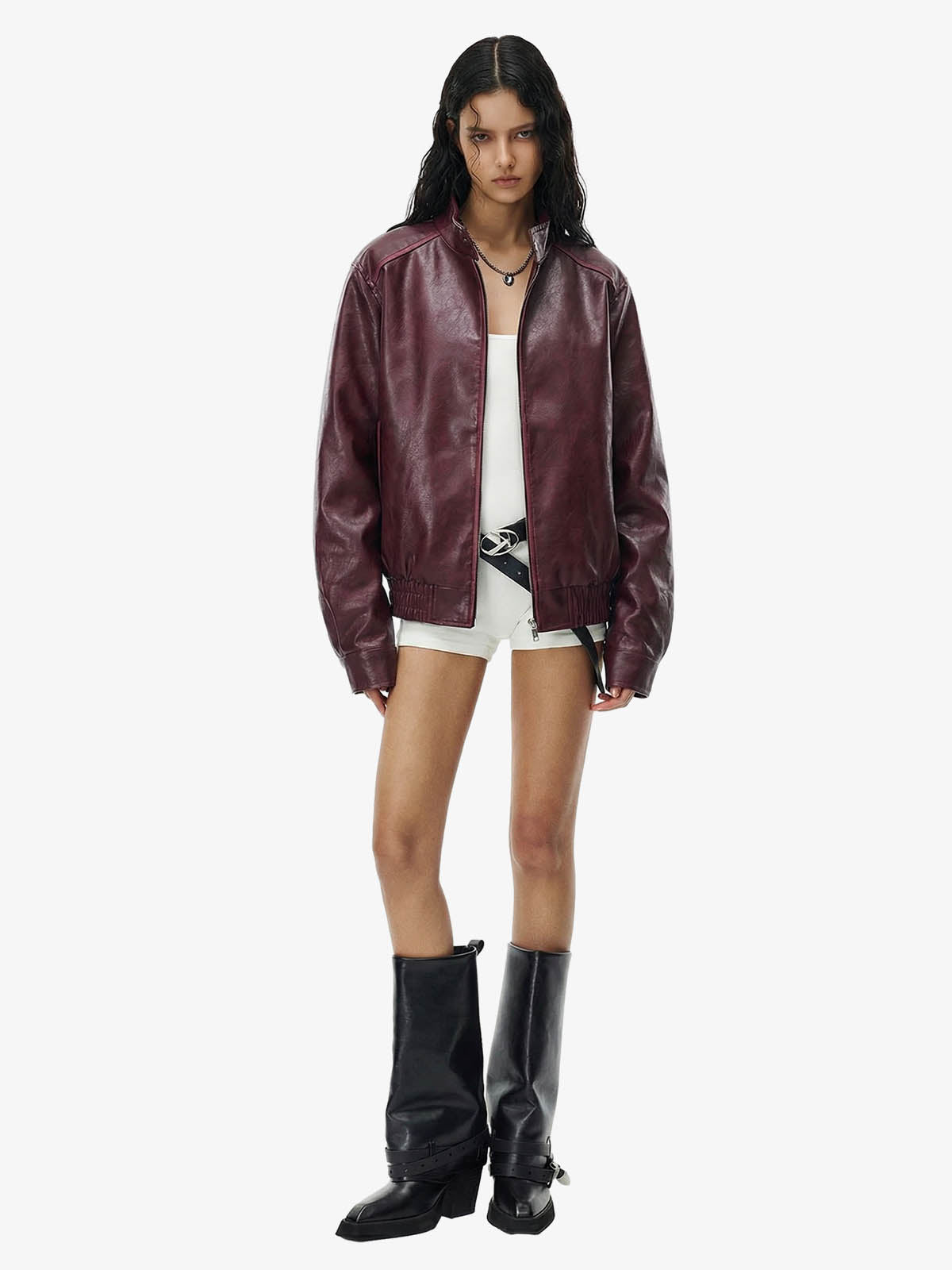 Retro Leather Stand-Collar Elastic Hem Jacket