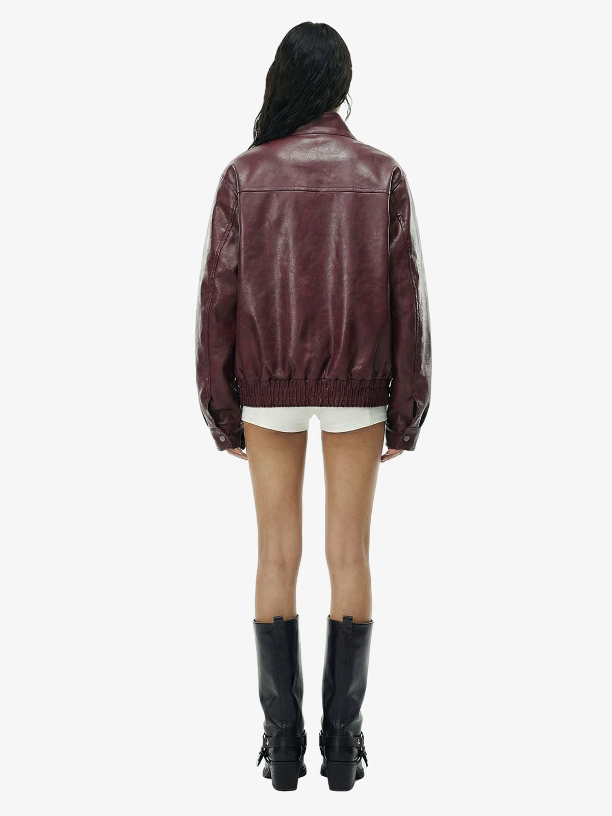 Retro Leather Stand-Collar Elastic Hem Jacket