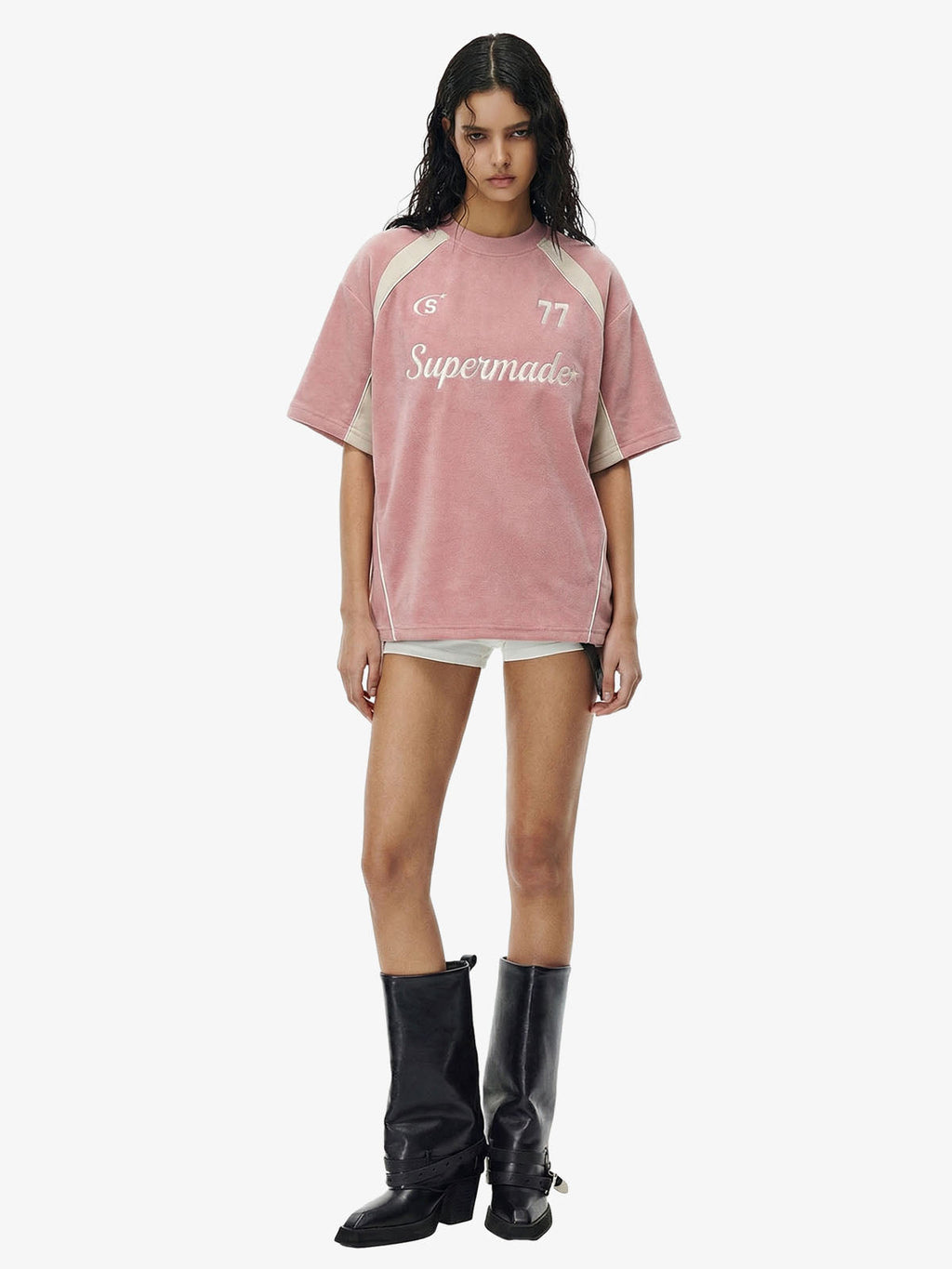 Suede Logo Embroidered Patchwork Short Sleeve T-Shirt