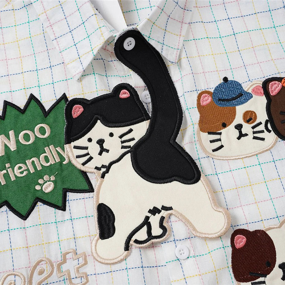 Y2K Cat Patchwork Loose Shirt — detail shot