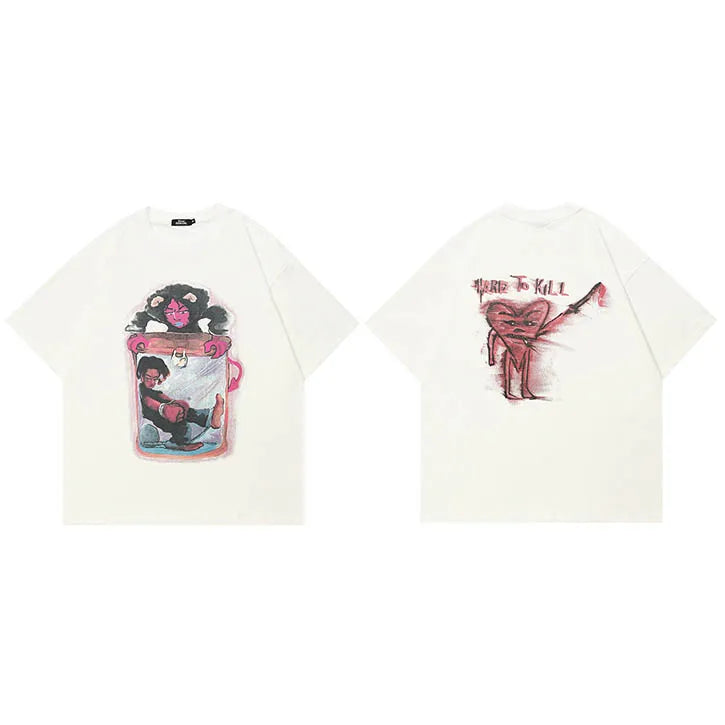 White Cartoon Graphic T-Shirt — fabric close-up
